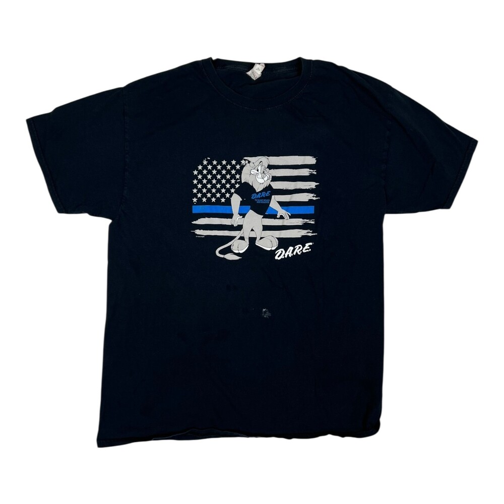Vintage DARE T-Shirt Size L Lion "To Resist Drugs & Violence" Blue Stripe Police